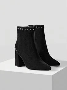 MOTF PREMIUM COMFORT STUD DECOR POINT TOE CHUNKY ANKLE BOOTS
