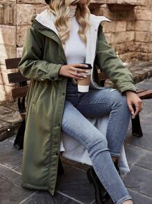 SHEIN LUNE 保暖内衬绿色腰部收紧加厚棉服外套衣服冬季 - 綠色 - 查看 6
