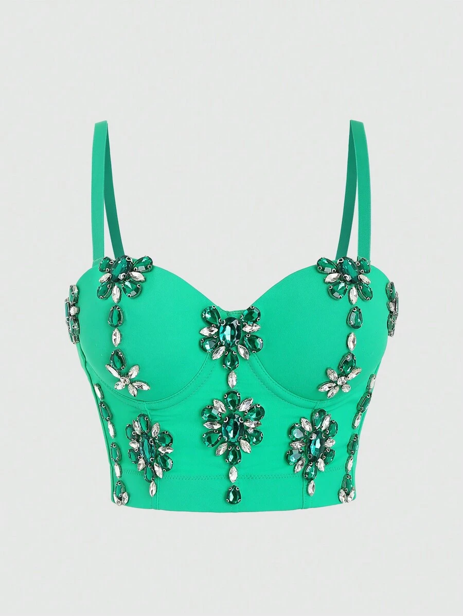 SHEIN Unity Crystal Embellished Tight Fitted Camisole Top - Green - View 1