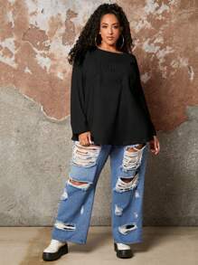 SHEIN CURVE+ Women's Plus Size Letter Printed Tee With Floral Pattern - Black - View 5