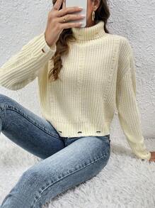 SHEIN LUNE 女士高领落肩针织套头衫秋冬毛衣 - 米色 - 查看 1
