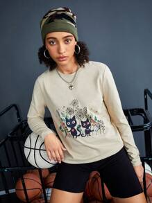 SHEIN Sports 卡通花印花運動t恤 - 駝色 - 查看 1