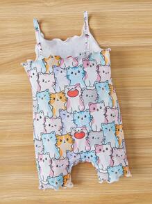 SHEIN Baby Girls' Casual Cute Cat Pattern Sleeveless Romper - Multicolor - View 2