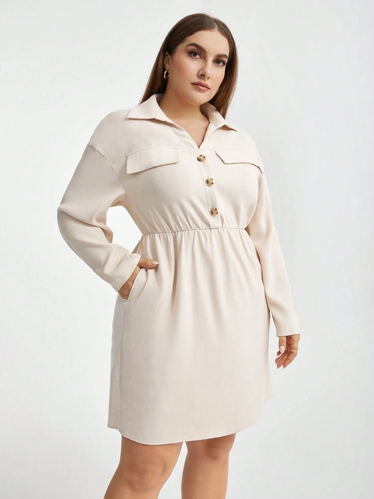 Plus Size Solid Color Long Sleeve Buttoned Pocket Dress