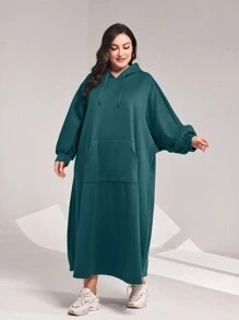 Mulvari 大尺碼女士純色袋鼠口袋連帽運動裙,帶束繩 - 水鴨藍 - 查看 4