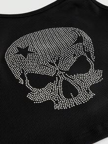 ROMWE Grunge Punk Skull Pattern Print With Rhinestone Embellished Tank Top - Black - View 4