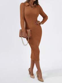 Cloudara Solid Rib-knit Jumper Dress - Brown - View 2