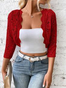 SHEIN LUNE Cắt vỏ sò Mở Mặt trước Mùa vụ Ren Áo khoác - Màu Đỏ Sâu - Xem 4