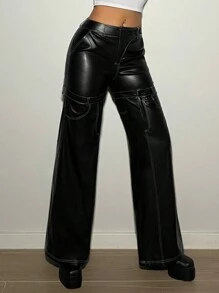 SHEIN 可拆卸分層寬腿低腰pu褲,具有重疊效果 - 黑色 - 查看 4
