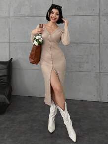 EURMUSE Button Up Long Sleeve Dress - Apricot - View 1