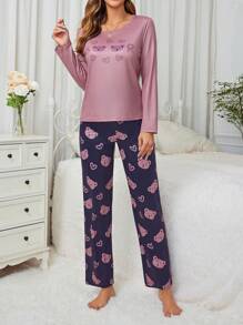 小熊圖案女裝睡衣套裝 - 紫羅蘭色 - 查看 3