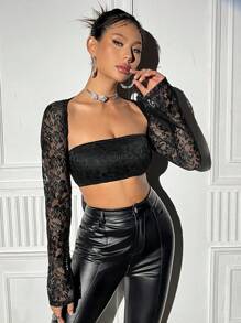 SHEIN Unity Lace Long Sleeve Wrapped Chest Women's Top Fall Cloth For Women - Black - View 3