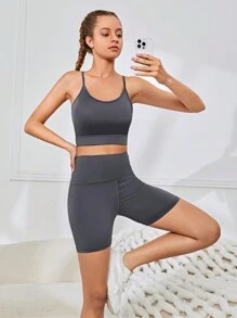 SHEIN Teenage Girls' Solid Color Tank Top, T-Shirt, Shorts, And Pants Sports Suit - Dark Grey - View 6
