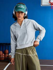 SHEIN Street Sport 女士實色帶帽下垂運動套頭衫,附有韁繩 - 灰色 - 查看 4