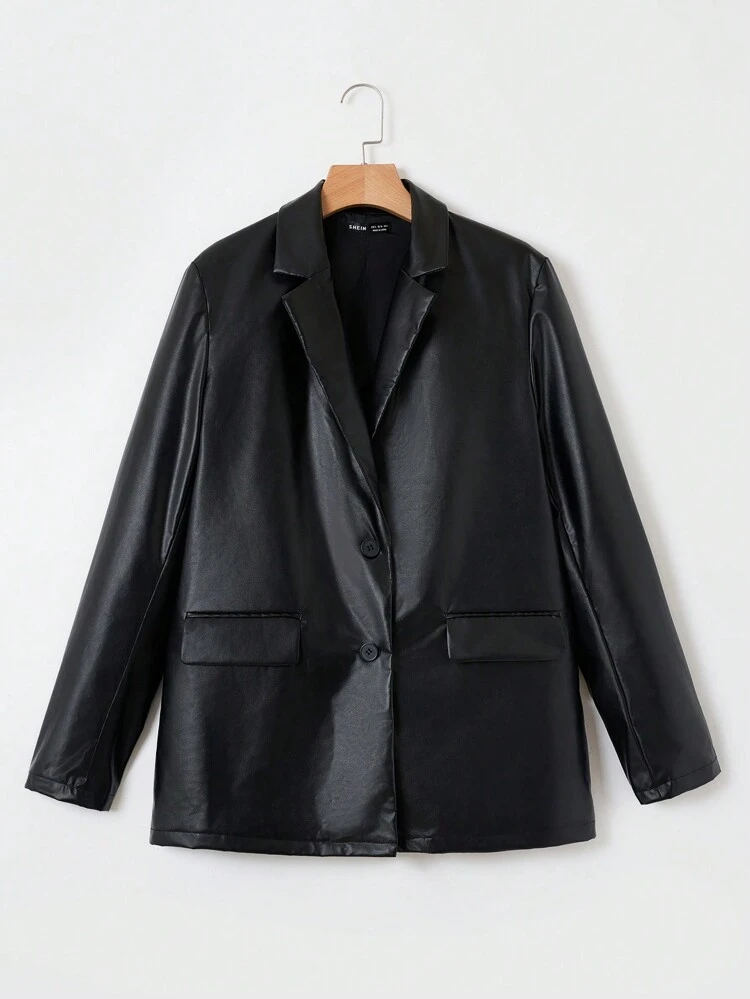 Slogan & Cartoon Graphic PU Leather Blazer