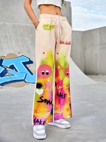 Gameset SHEIN Sport 卡通图案运动裤 喇叭裤 狂欢裤 长裤 Y2kflare 裤 女童喇叭裤 运动裤 图案裤 - 彩色 - 查看 6