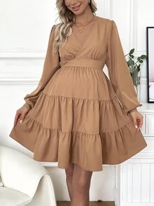 SHEIN Maternity Solid Color Ruffle Dress - Rust Brown - View 8