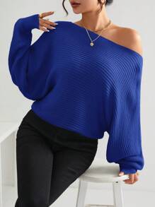 SHEIN Essnce Suéter Navideño Jumpers Women Knit Sweater Holiday  Off The Shoulder Sweater Oversized Sweater Off Shoulder Sweater  For Women Christmas Sweater White One-Shoulder Bat-Sleeve Texture White Sweater Dress Women's Sweater Women's Solid Color Round Neck Bat-Wing Long-Sleeved Loose Casual Sweater  Winter White Sweater - Blue - View 1