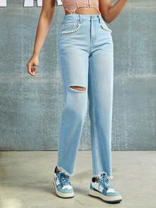 90 年代復古高腰破洞珍珠串珠裝飾鏤空毛邊直筒牛仔褲 - 藍色 - 查看 1