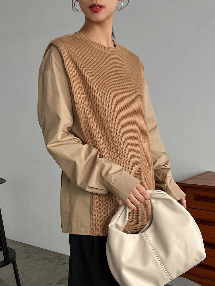 Women'S Loose Fit Drop Shoulder Shirt With Round Neckline And Patchwork Fabric Design,Fall Clothes Long Sleeve Top