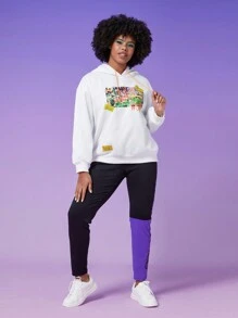 Willy Wonka and the Chocolate Factory X SHEIN Plus號字母&花園圖形束口帽白色連帽衛衣 - 白色 - 查看 10