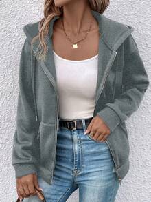 SHEIN LUNE 袋鼠口袋拉鍊開合抽繩連帽夾克 - 深灰色 - 查看 4