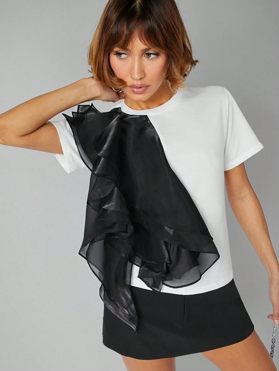 Hauture 對比層次荷葉邊修身T恤 - 黑與白 - 查看 1