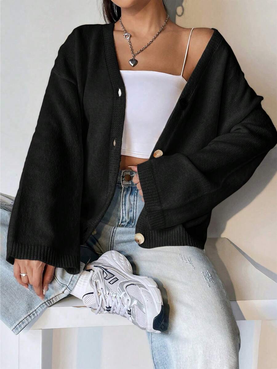 SHEIN Unity Solid Color Drop Shoulder Loose Leisure Cardigan - Black - View 1