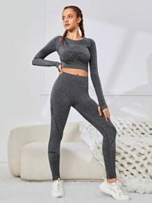 SHEIN Conjunto Deportivo De Camiseta Jacquard De Punto Sin Costuras Y Pantalones Largos Para Niña Adolescente