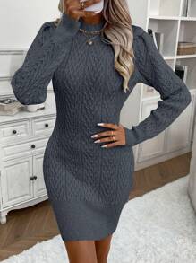 SHEIN LUNE Của phụ nữ Tay áo dài Xoắn Mẫu Áo len dệt kim Đầm - Màu xám đen - Xem 5