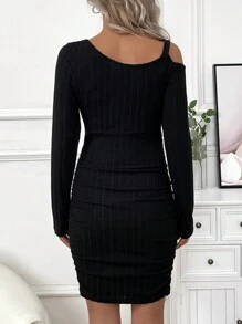 SHEIN Thai sản Bất đối xứng Vòng cổ Sọc Thon gọn Váy bodycon - màu đen - Xem 2