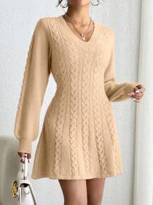 SHEIN Privé V領提花針織毛衣連身裙 - 杏色 - 查看 1