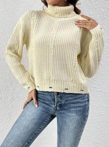 SHEIN LUNE 女士高领落肩针织套头衫秋冬毛衣 - 米色 - 查看 4