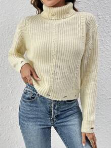 SHEIN LUNE 女士高领落肩针织套头衫秋冬毛衣 - 米色 - 查看 5