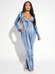 SHEIN SXY Tie-dye Deep V-neck Long Sleeve Dress - Navy Blue - View 3