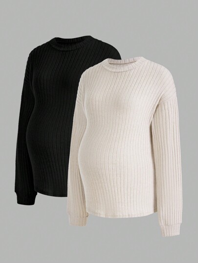 SHEIN Maternity Solid Color Long Sleeve Striped Tee