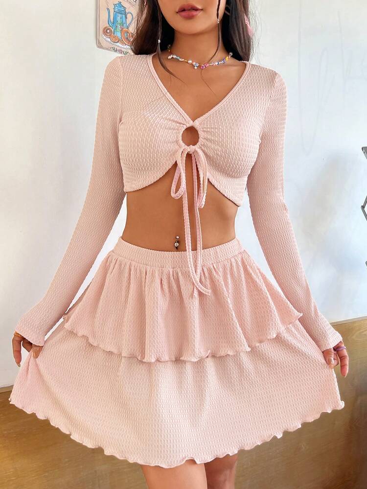 Knitted Texture Solid Color Long Sleeve 2pcs/set