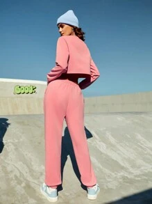 SHEIN Sports Quý cô Nguyên chất Màu sắc Hoodie Và Quần thể thao Set bộ đồ thể thao - Hồng - Xem 2