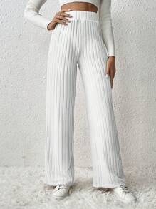 SHEIN Frenchy Women's Solid Color Ribbed Knit Long Pants Winter White