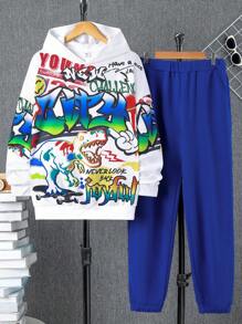 SHEIN Teen Boys' Casual Comfortable Letter Dinosaur Print Hoodie And Knitted Pants Set - Multicolor - View 1