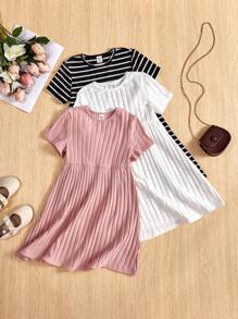 SHEIN Vestido Casual De Manga Corta Con Cuello Redondo Para Niña Joven