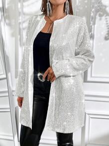 Gownix Cazadora Casual Para Mujeres De Talla Grande Con Lentejuelas Sueltas Y Escote Abierto