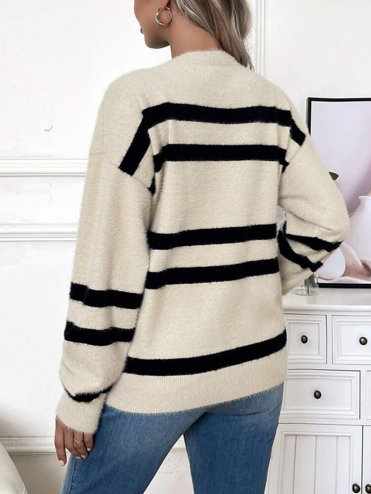 Pregnant Women's Striped V-Neck Pullover Sweater For Maternity, For Winter