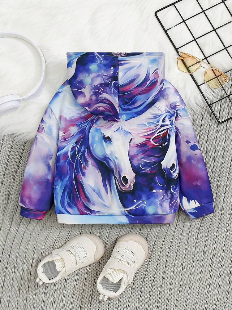 Baby Girls' Casual Blue Unicorn Pattern Hooded Long Sleeve Sweatshirt