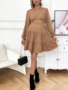 SHEIN Maternity Solid Color Ruffle Dress - Rust Brown - View 4