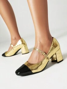 春夏新款女用粗跟圓頭瑪莉珍鞋經典扣環工作鞋 - 彩色 - 查看 3