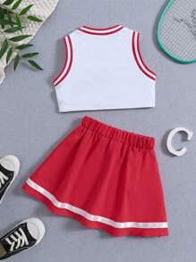 SHEIN Young Girl Letter Print Tank Top & Pleated Skirt Set - Multicolor - View 2
