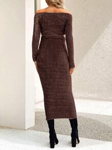 SHEIN Maternity Fashionable Off-Shoulder Top And Skirt Two Piece Set - Brown - View 2