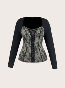 SHEIN ICON Camiseta De Talla Grande Con Estampado Floral Y Cordones En La Parte Delantera - Negro - Ver 1