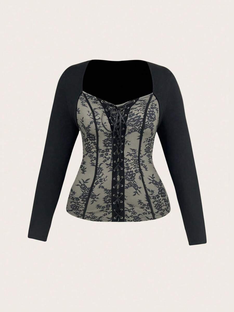 SHEIN ICON Camiseta De Talla Grande Con Estampado Floral Y Cordones En La Parte Delantera - Negro - Ver 1